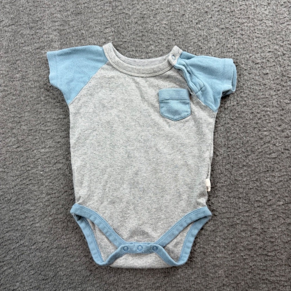 Burt's Bees Baby Bodysuit Kids 3-6M Grey Blue Organic Cotton Raglan One Piece